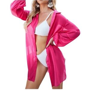 NWT Women's Pink Fuchsia Button Front Mesh Chiffon Shirt Dress Cover-Up Size L